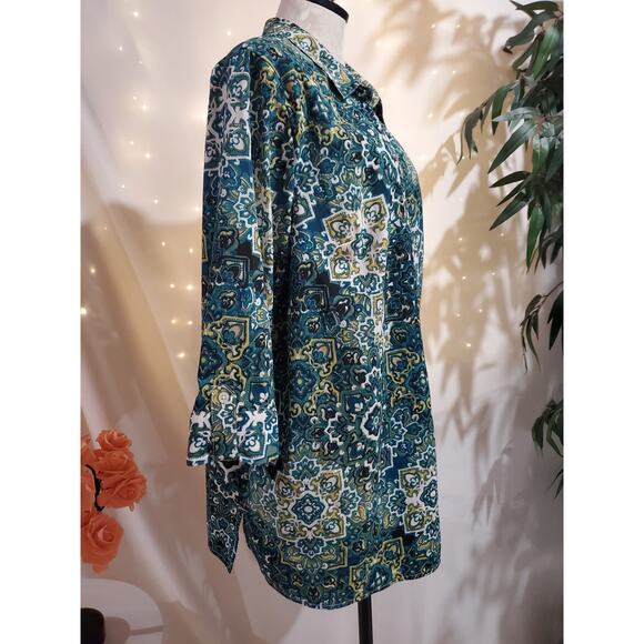 Catherines Mandala Button Up 1/2 Sleeve Top Womens Plus Size 2X Paisley Boho - Picture 2 of 12